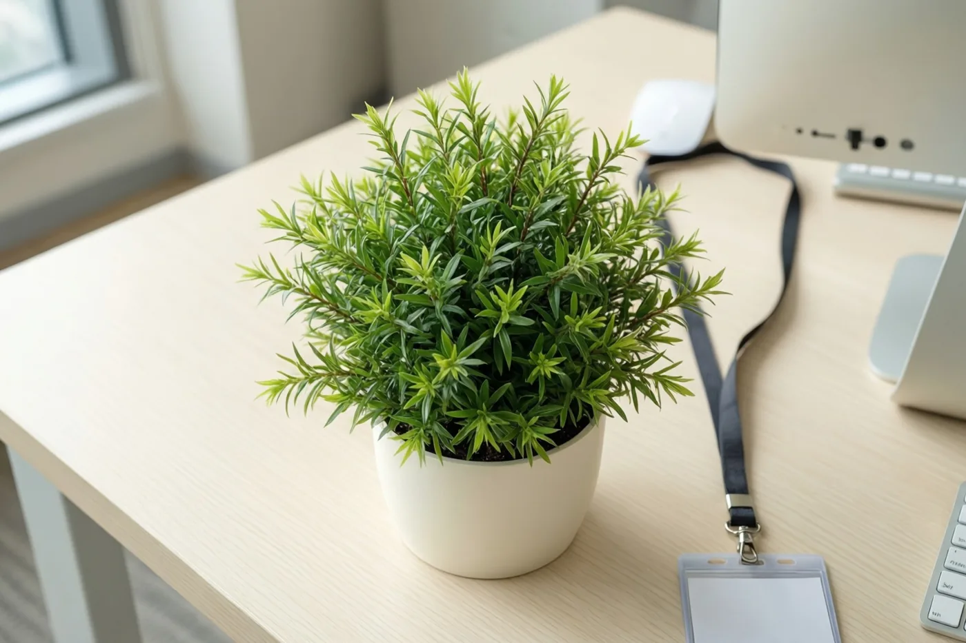 Een groene potplant staat op een licht houten bureau naast een blanco badge aan een zwart halslint, met een beeldscherm en toetsenbord op de achtergrond.