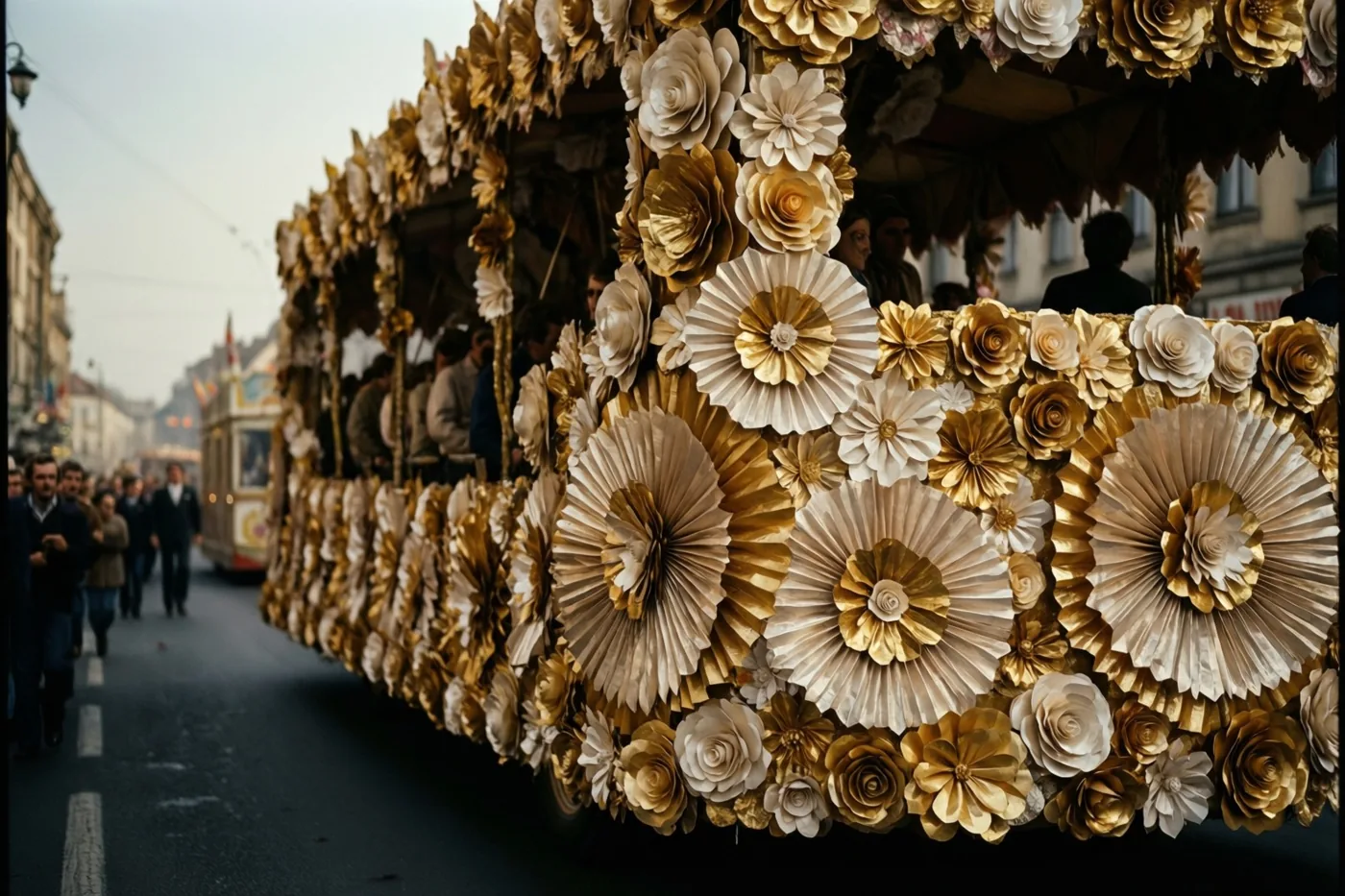 Een lange, sierlijke praalwagen met grote goudkleurige en crèmekleurige papieren bloemen rijdt door een stadsstraat, met mensen op de achtergrond en vervaagde kleuren.