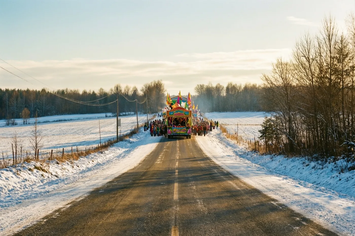 In de verte rijdt een kleurrijke praalwagen met mensen over een besneeuwde landweg tussen witte velden en kale bomen, onder een bleke hemel in goudkleurig licht.