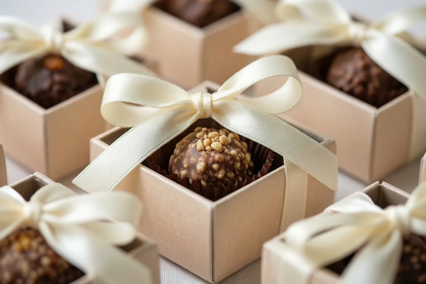 Kleine beige doosjes met elk een chocoladepraline en een ivoorkleurig lint staan in een net patroon bij zacht licht.