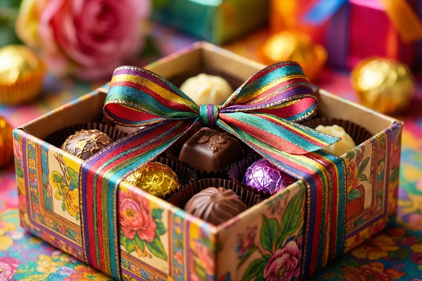 Een rechthoekige doos pralines in een vintage bloemenverpakking met een kleurrijk gestreept lint staat op een bloemrijke ondergrond, met onscherpe goudverpakte chocolaatjes en een roze roos erachter.