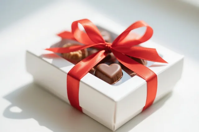 Een witte doos met hartvormige pralines en een rood lint staat tegen een helderwitte achtergrond.
