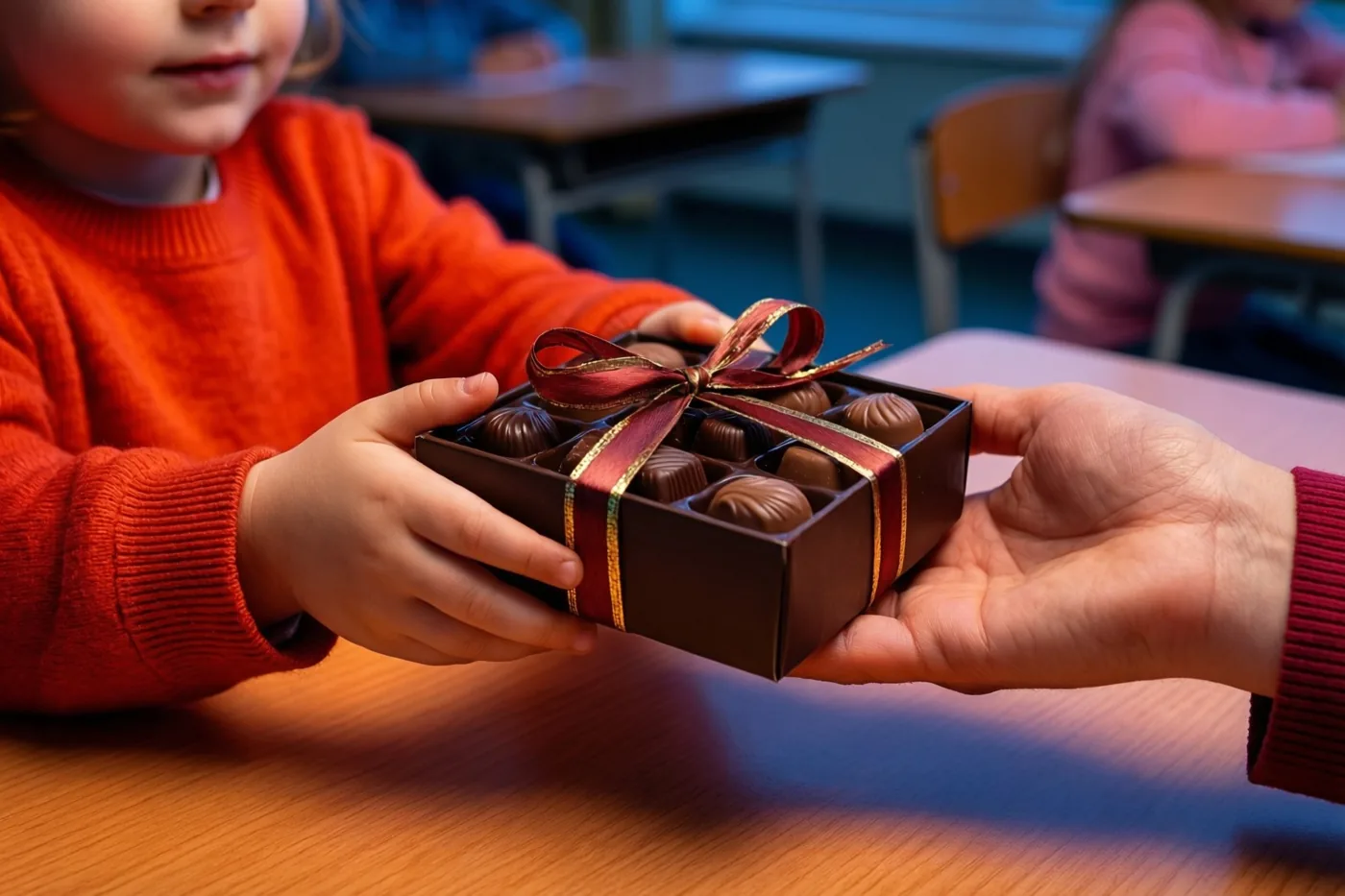 Een kind in een oranje trui reikt over een houten schoolbank een klein doosje pralines met een rood lint aan naar de hand van een volwassene, in een warm verlicht klaslokaal.