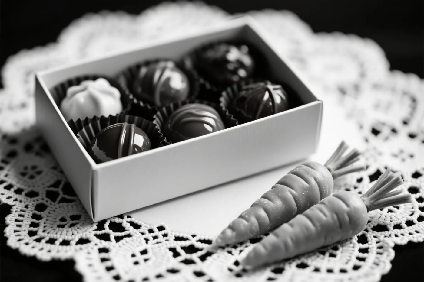 Een monochroom beeld toont een witte doos met glanzende pralines op een witte kanten onderlegger, met twee marsepeinen worteltjes ernaast.