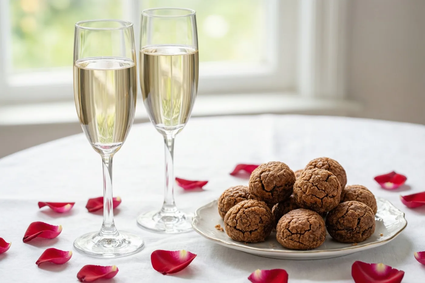 Twee champagneglazen en een bord chocoladepralines staan bij een raam op een wit tafelkleed met rode rozenblaadjes, in zacht daglicht.