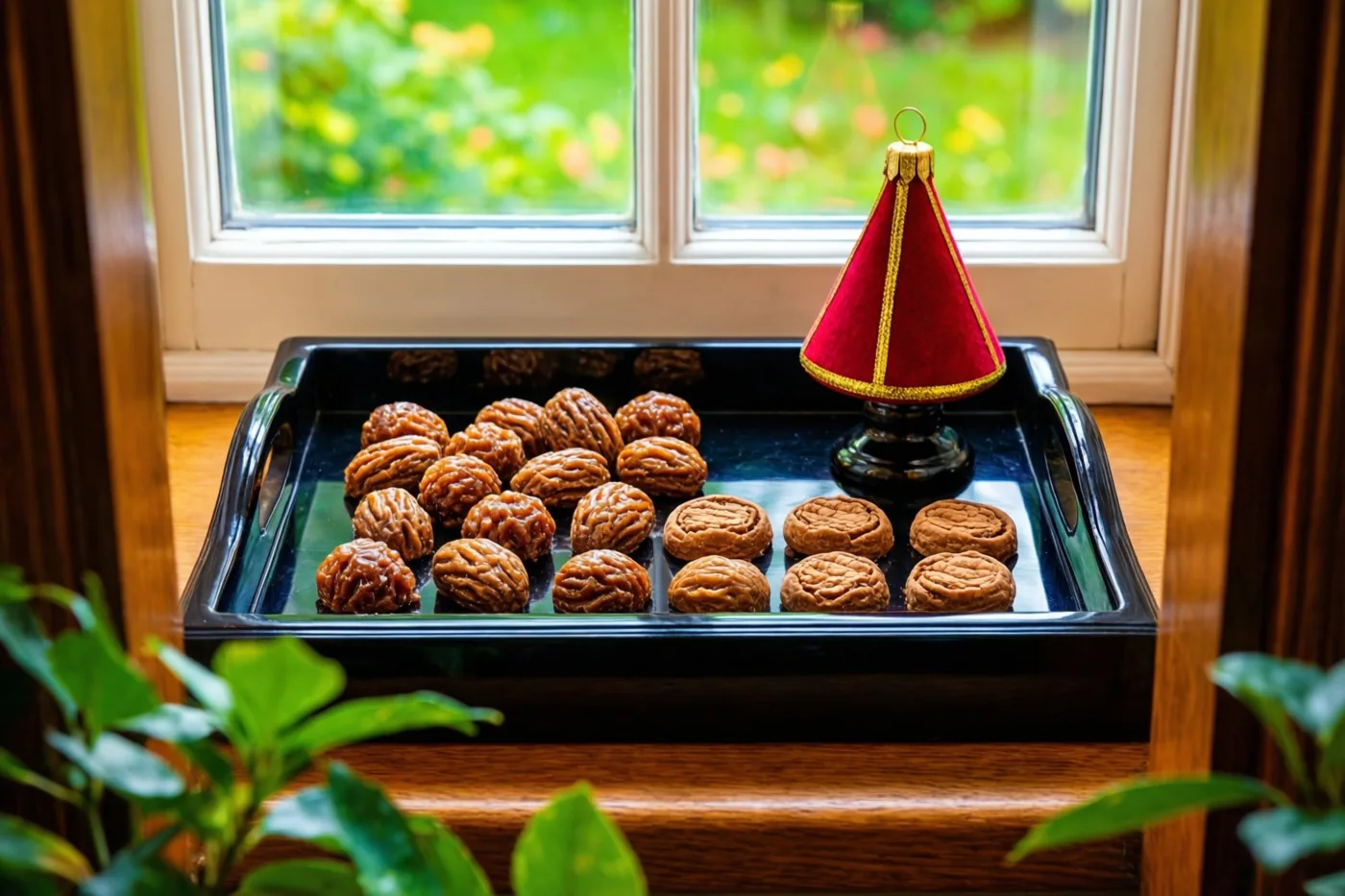 Een zwart gelakt dienblad met pralines en speculaasjes staat naast een klein rood mijtertje op een houten vensterbank, met groen zichtbaar door het raam.