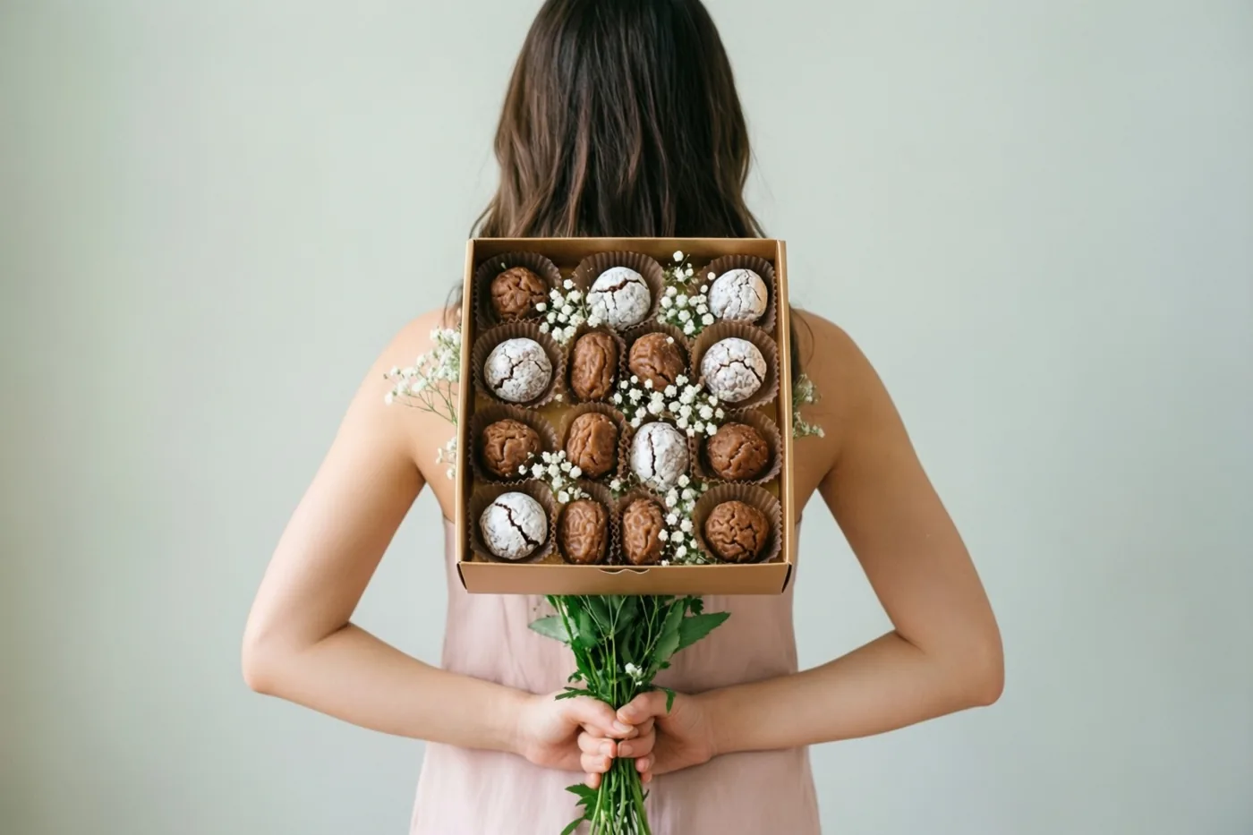 Een persoon met lang donker haar houdt achter de rug een doos pralines en een boeket witte bloemen vast voor een effen lichte muur.