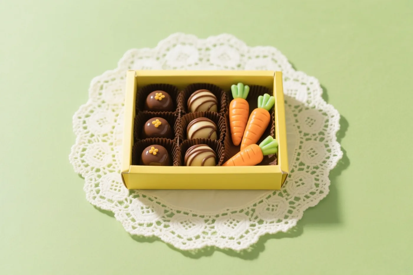 Een gele doos met glanzende chocoladepralines en marsepeinen worteltjes staat op een witte kanten onderlegger tegen een lichtgroene achtergrond.