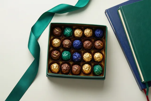 Een vierkante doos Belgische pralines met een blauwgroen lint ligt naast een stapel blauwe en groene schriften op een wit oppervlak.