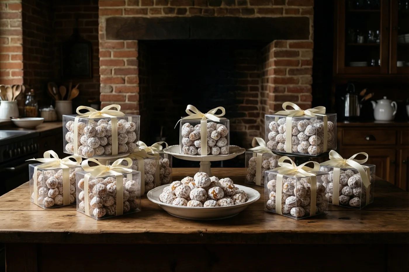 Op een houten tafel in een bakstenen hoevekeuken staan doorzichtige doosjes pralines met crèmekleurige linten en een wit bord met pralines.
