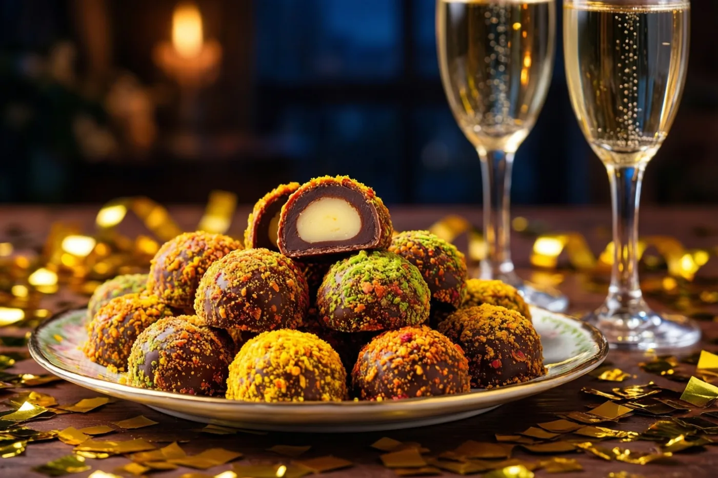 Een schaal chocoladepralines, waarvan sommige met gehakte noten, staat tussen gouden confetti met daarachter twee glazen mousserende wijn tegen een gedempte feestelijke achtergrond.