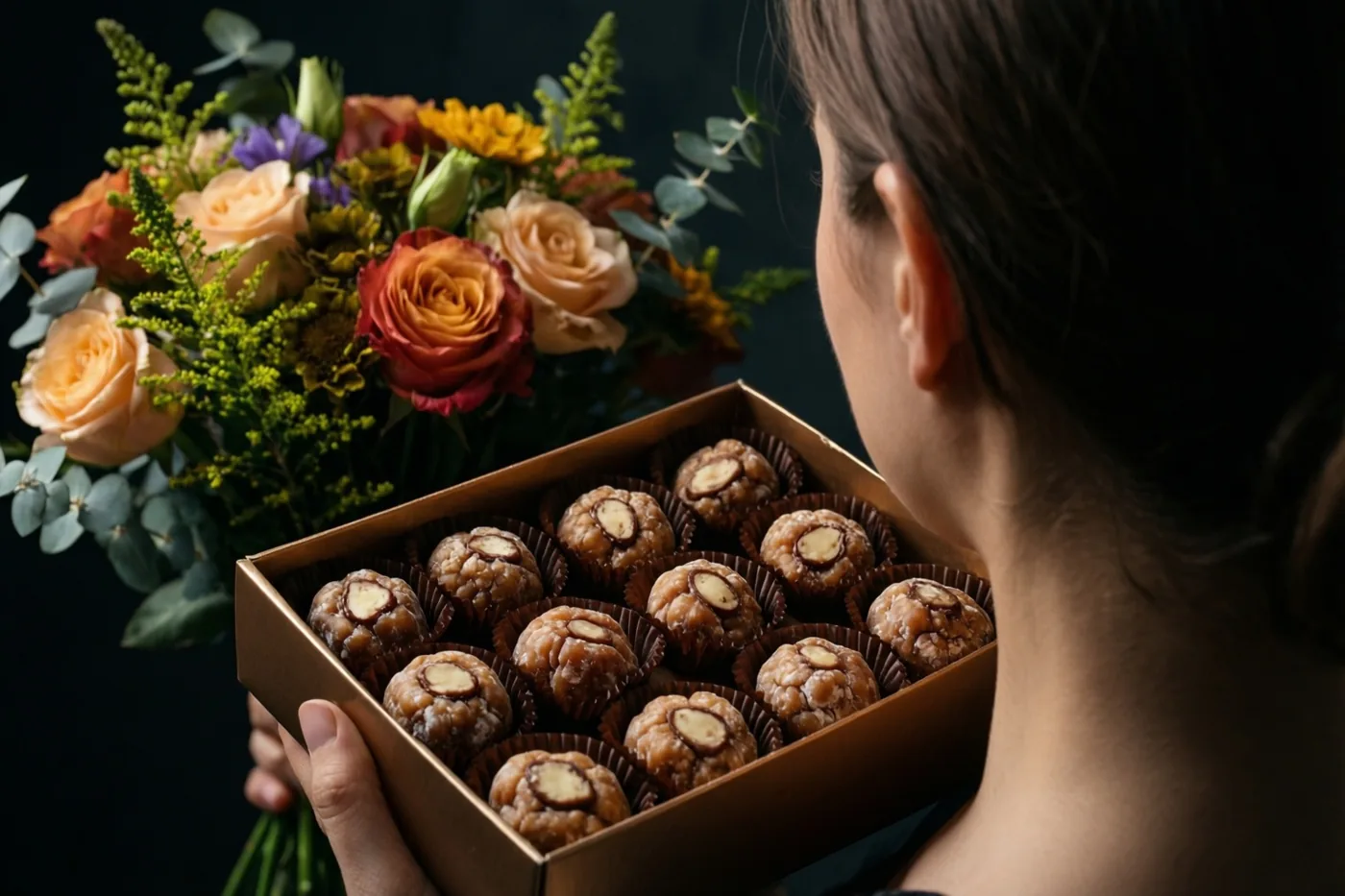 Een persoon, van achteren gezien, houdt een doos pralines in de ene hand en een kleurrijk boeket in de andere tegen een donkere achtergrond.
