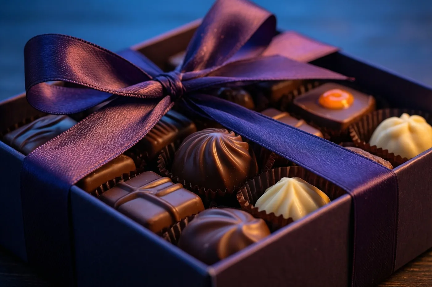 Een open donkere doos Belgische pralines met een grote paarse satijnen strik is van dichtbij te zien tegen een wazige blauwe achtergrond.