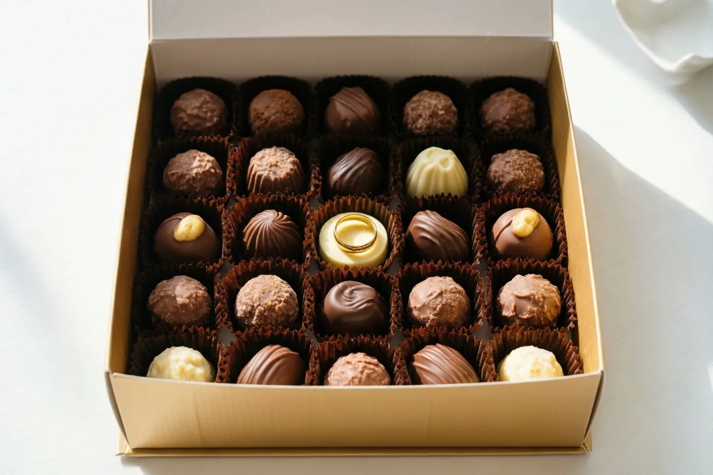 Een open doos met verschillende Belgische pralines staat op een witte ondergrond in zacht daglicht, met een gouden ring tussen de chocolade.