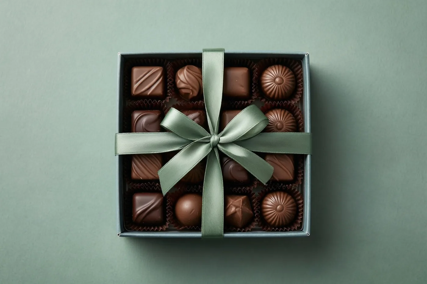 Van bovenaf is een vierkante doos met verschillende pralines in donkerbruine papieren vormpjes en een saliegroen satijnen lint te zien op een gedempt groene achtergrond.