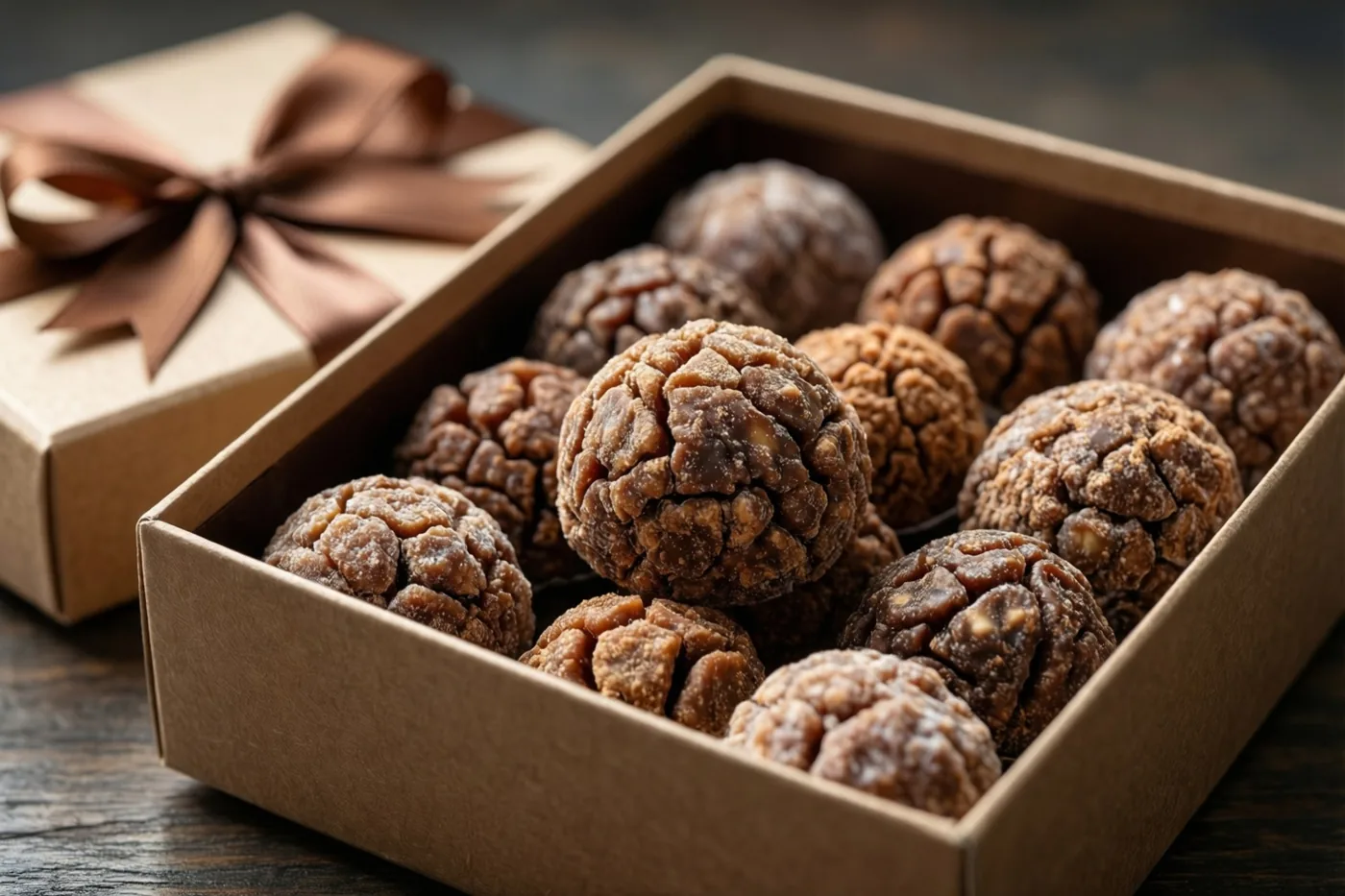 Een open doos pralines met reliëf staat op hout naast een gesloten geschenkdoos met een bruine strik, in warm licht.
