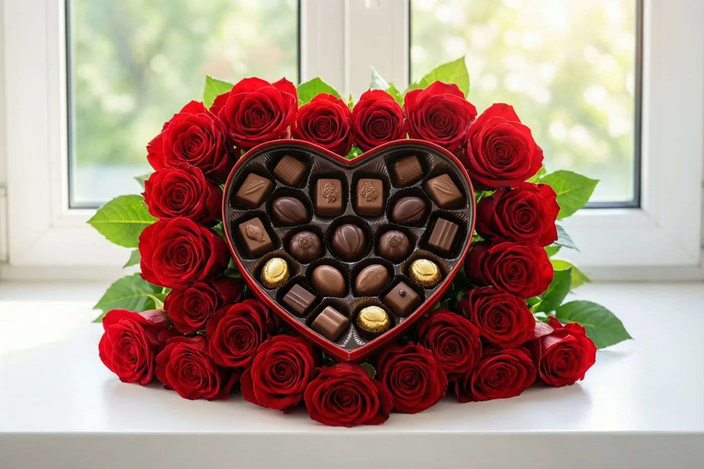 Een hartvormige doos met verschillende pralines is omringd door een boeket rode rozen op een witte vensterbank, in helder zonlicht met een onscherpe groene buitenachtergrond.