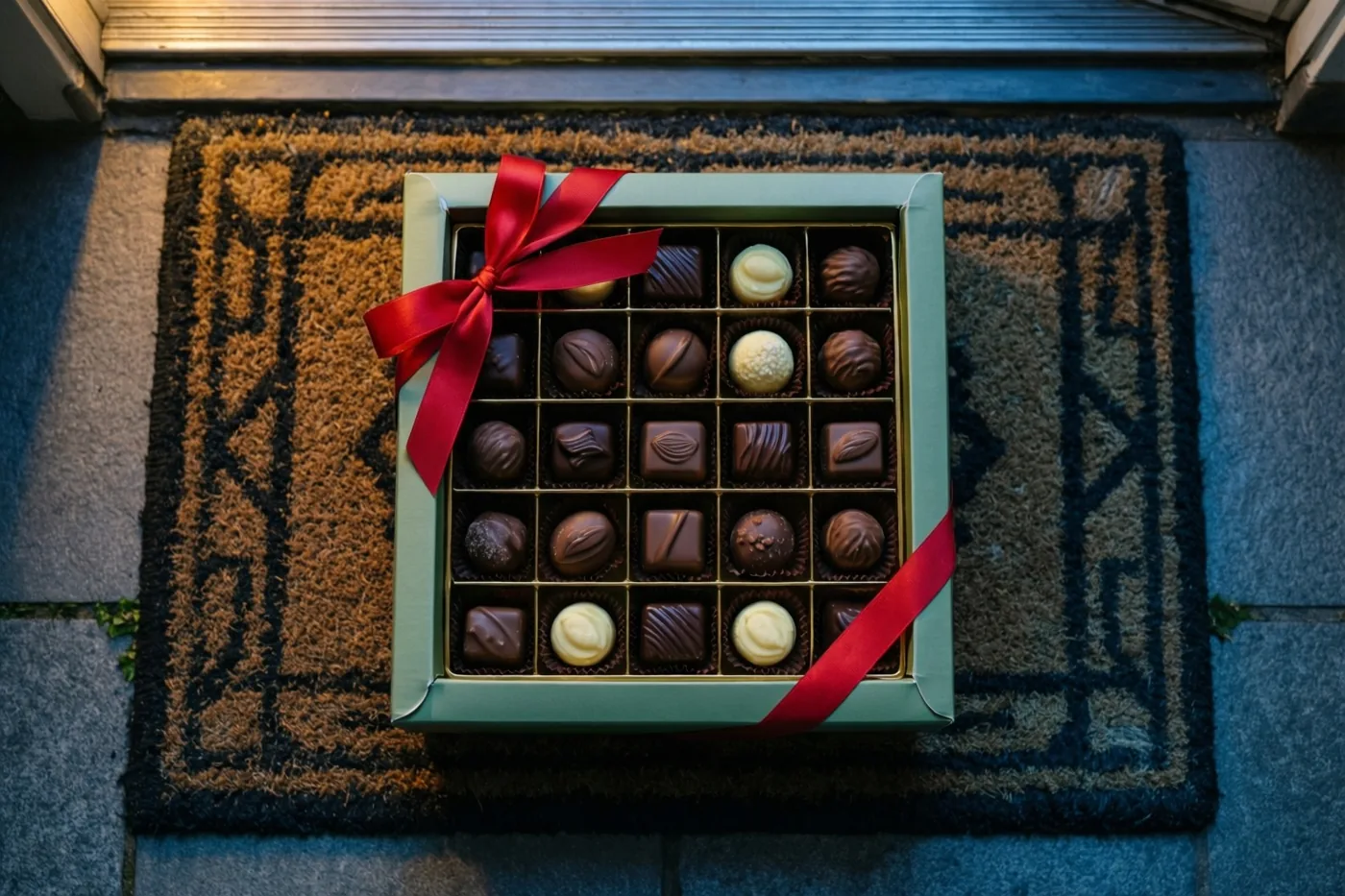 Een doos Belgische pralines met een rood lint staat op een deurmat met een patroon in warm licht.