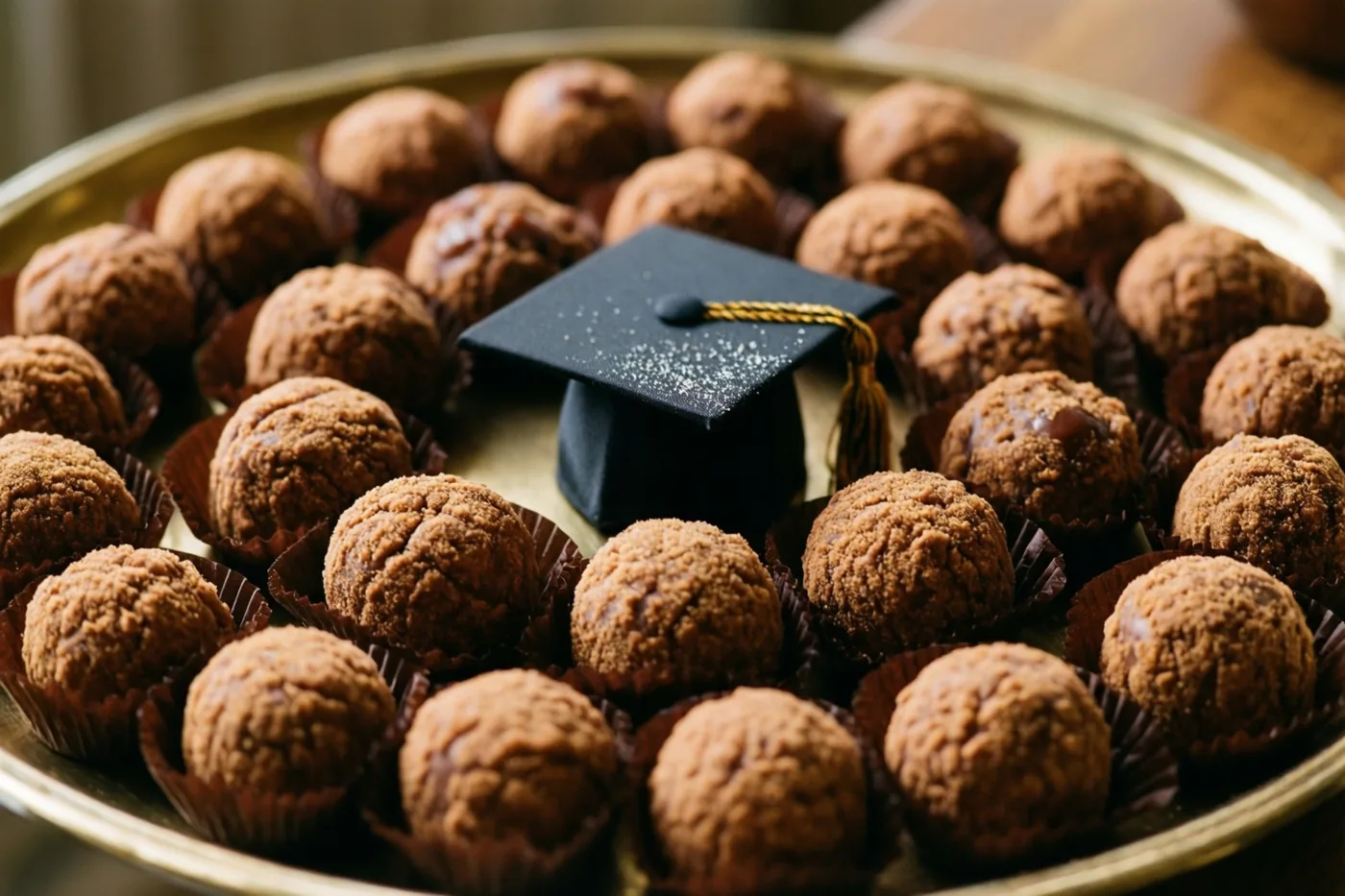 Een goudkleurig dienblad draagt een kring pralines met een chocoladelaag rond een klein zwart afstudeerhoedje in warm licht.