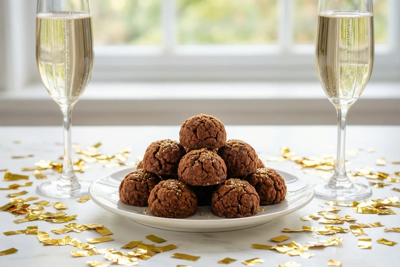 Een wit bord met chocoladepralines staat op een marmeren ondergrond met gouden confetti tussen twee champagneglazen voor een helder raam.