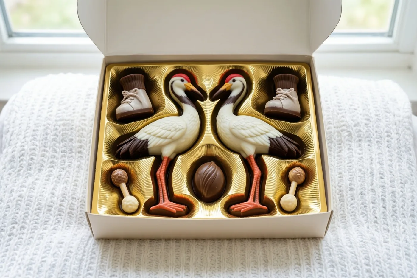 Een open witte doos met goudfolie en pralines in de vorm van ooievaars, babyslofjes en rammelaars staat op een witte babydeken met reliëf, met raamlicht op de achtergrond.