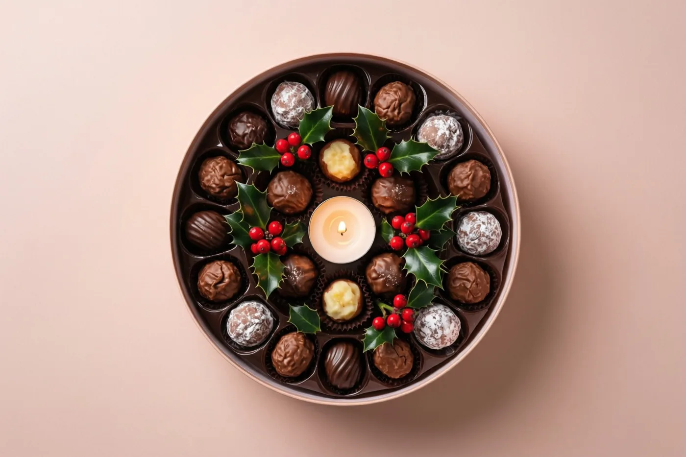 Van bovenaf is een ronde doos Belgische pralines te zien met hulstbladeren, rode bessen en een brandende witte kaars in het midden tegen een zachtroze achtergrond.