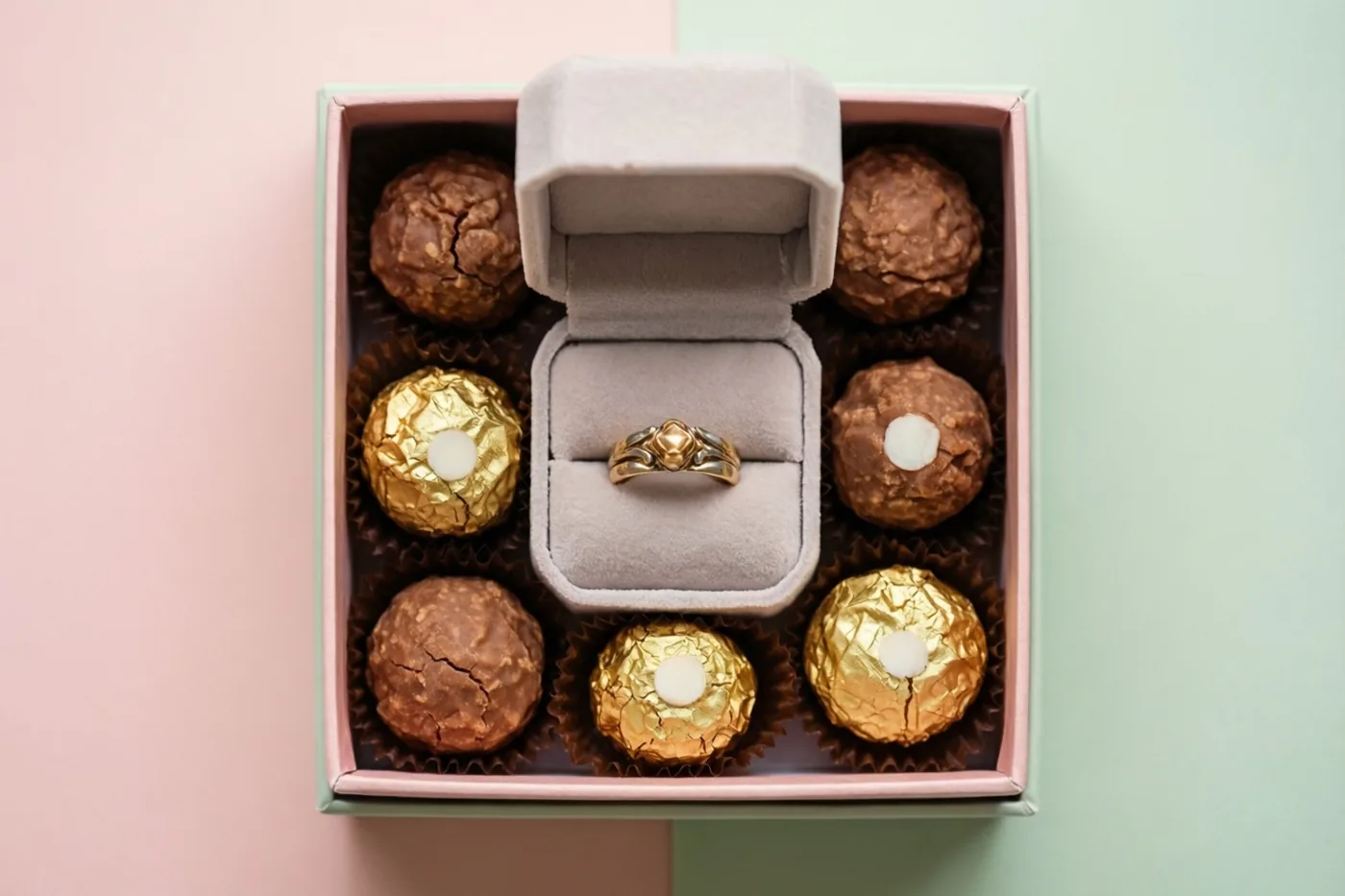Een open ringdoosje staat tussen Belgische pralines in een geschenkdoos, tegen een pastelroze en mintgroene achtergrond.