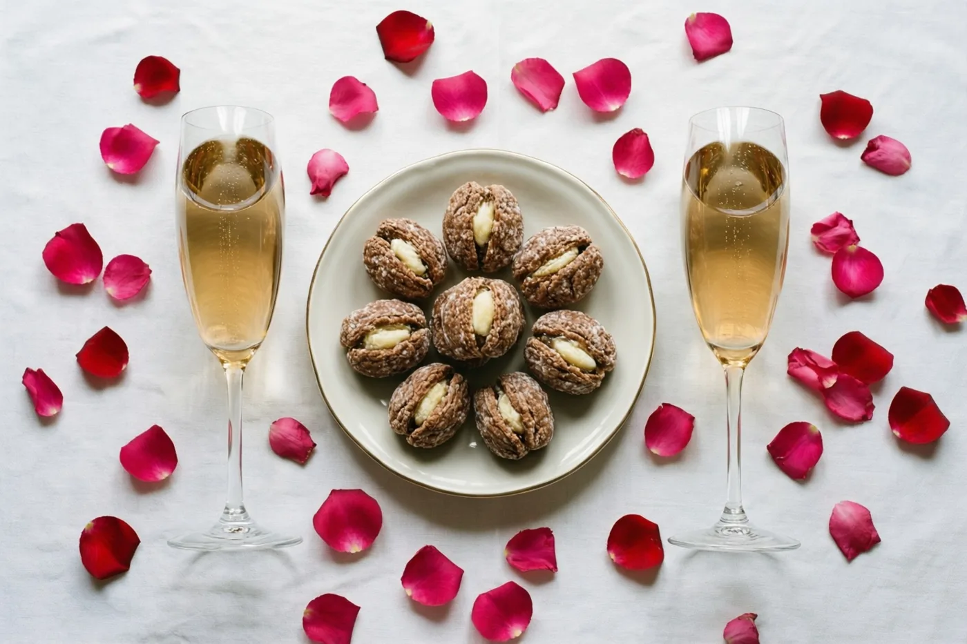 Twee champagneglazen en een bord chocoladepralines staan op een wit tafelkleed waarop rode rozenblaadjes verspreid liggen.