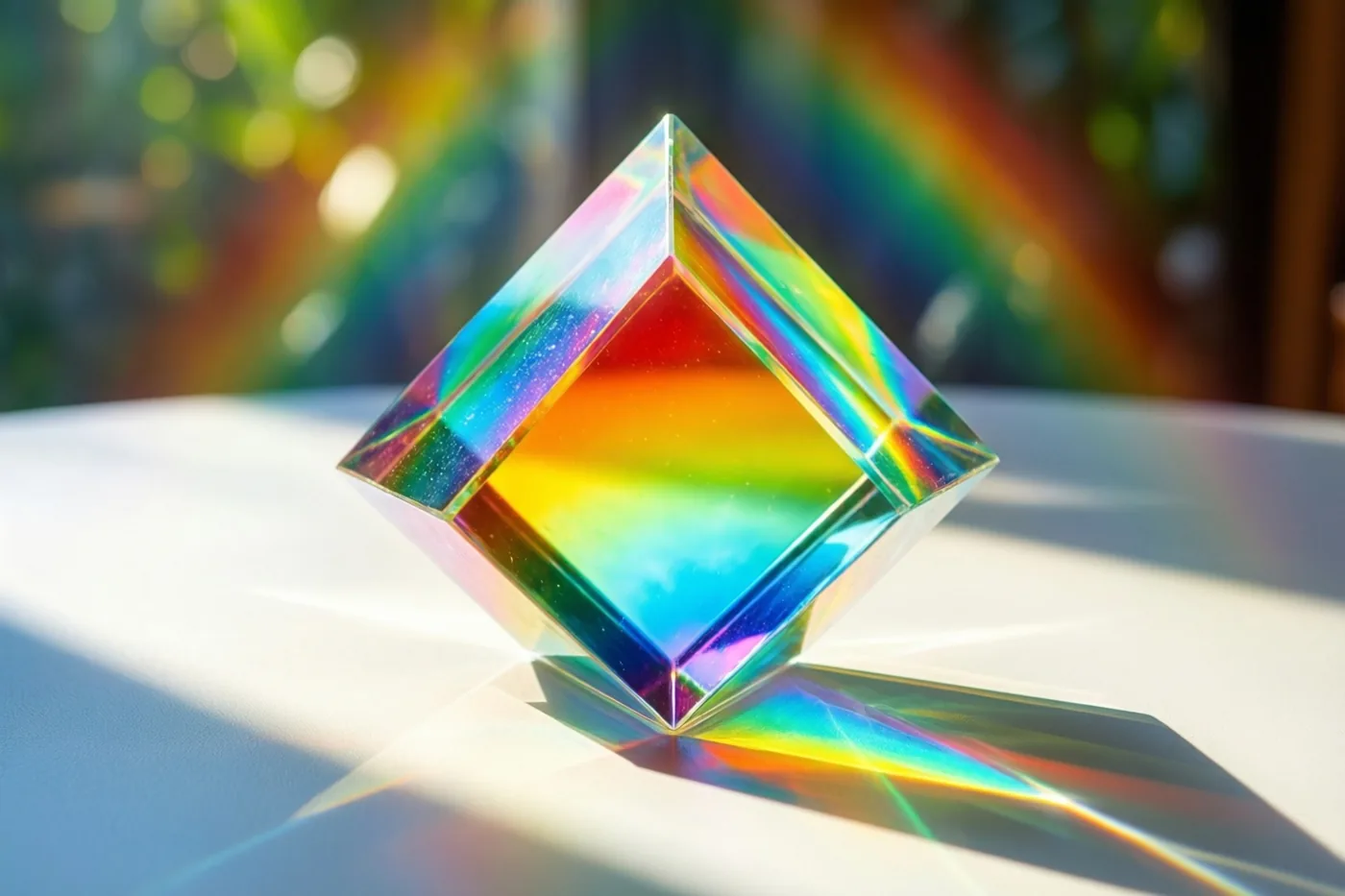 Een glazen prisma op een witte tafel weerkaatst zonlicht in regenboogkleuren, met opvallend rood, blauw en geel.