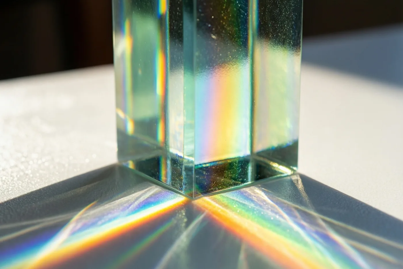 Een glazen prisma op een witte tafel splitst het zonlicht in een helder regenboogspectrum dat over het tafeloppervlak valt.