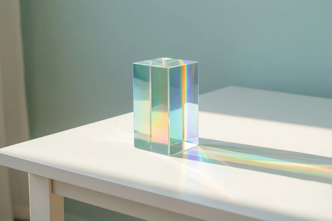 Een glazen prisma op een witte tafel verspreidt regenboogkleuren over het tafelblad, met een zachtgroene muur op de achtergrond.