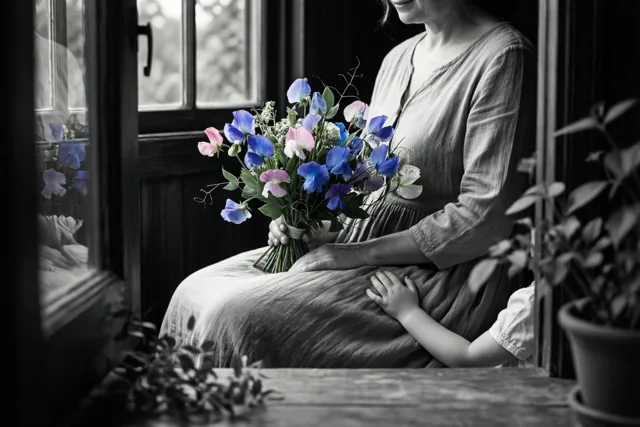 Een vrouw zit bij een raam met een boeket pronkertjes en een kinderhand op haar schoot, terwijl alleen de bloemen kleur hebben in het grotendeels zwart-witte beeld.