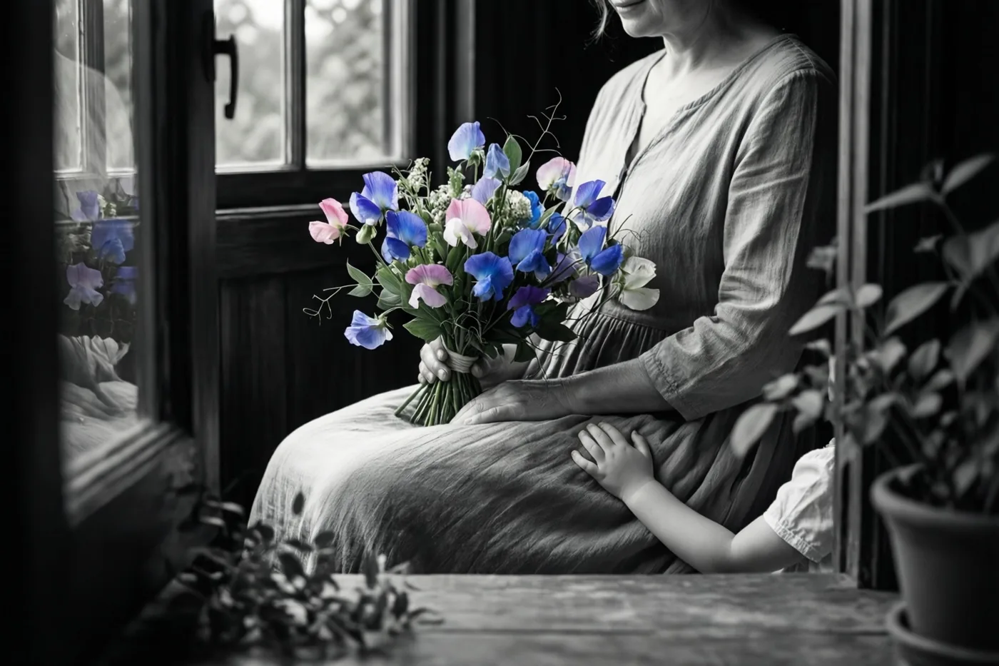 Een vrouw zit bij een raam met een boeket pronkertjes en een kinderhand op haar schoot, terwijl alleen de bloemen kleur hebben in het grotendeels zwart-witte beeld.