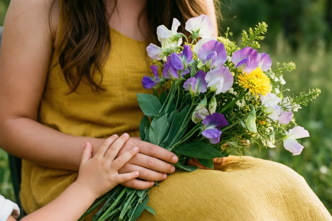 Een kinderhand rust op de schoot van een moeder die buiten in het gras een boeket pronkertjes vasthoudt, met warme gele en paarse tinten.