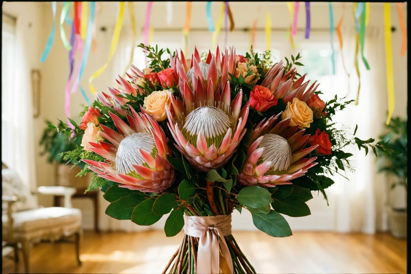 Een groot kleurrijk boeket protea's en rozen met groen blad en een lichtroze lint staat in een lichte kamer met kleurrijke slingers en warm daglicht.