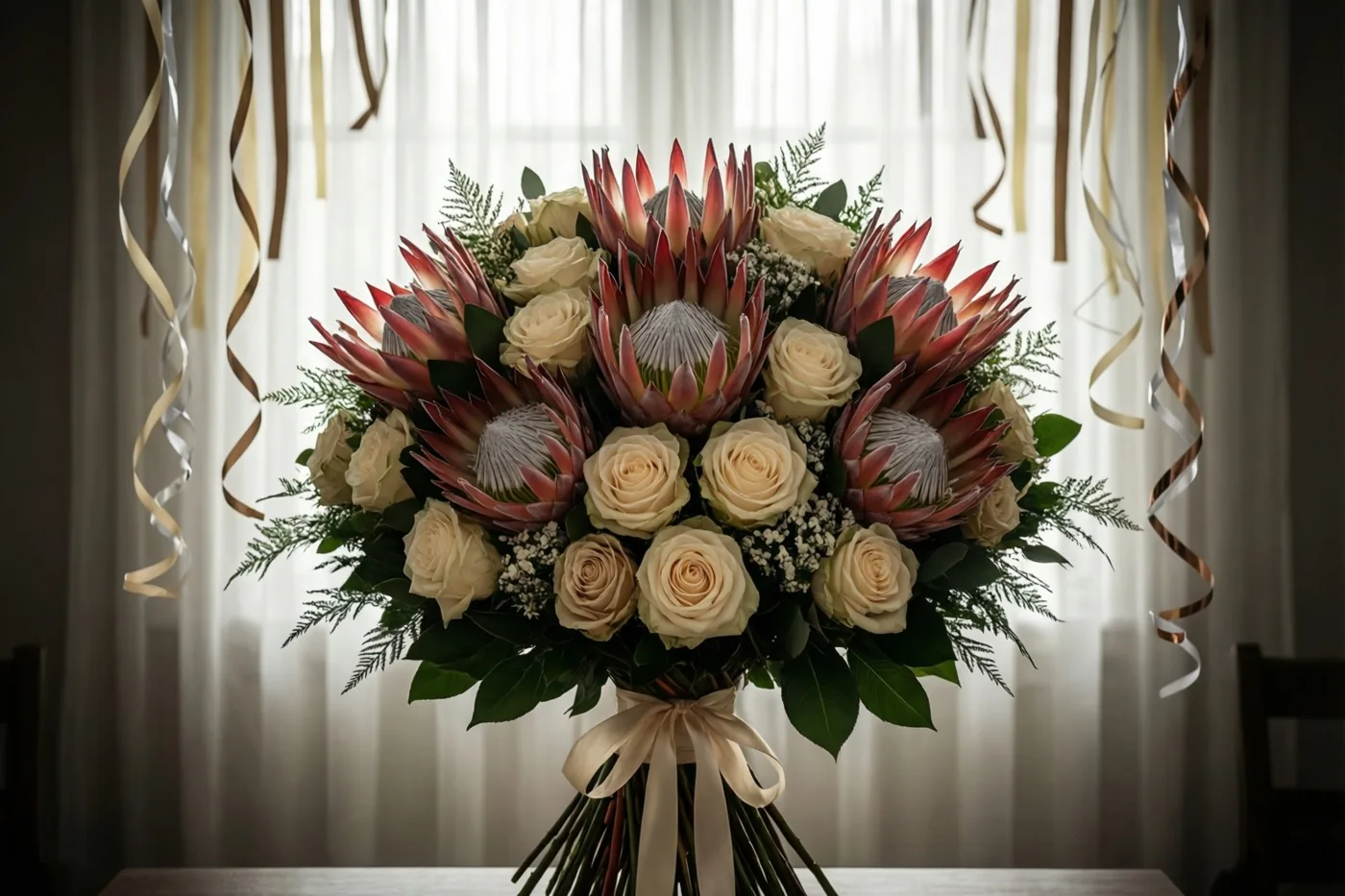 Een groot boeket protea's en crèmekleurige rozen met een crèmekleurig lint staat op een tafel in een lichte kamer met gouden en zilveren slingers en doorschijnende gordijnen.