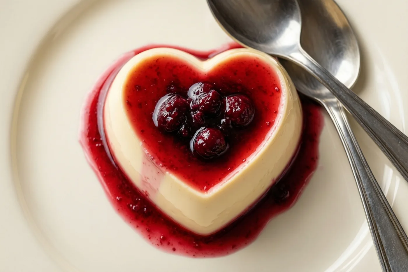 Een hartvormige panna cotta met rode bessencoulis en hele bessen ligt op een wit bord, met twee lepels naast het dessert tegen een witte achtergrond.
