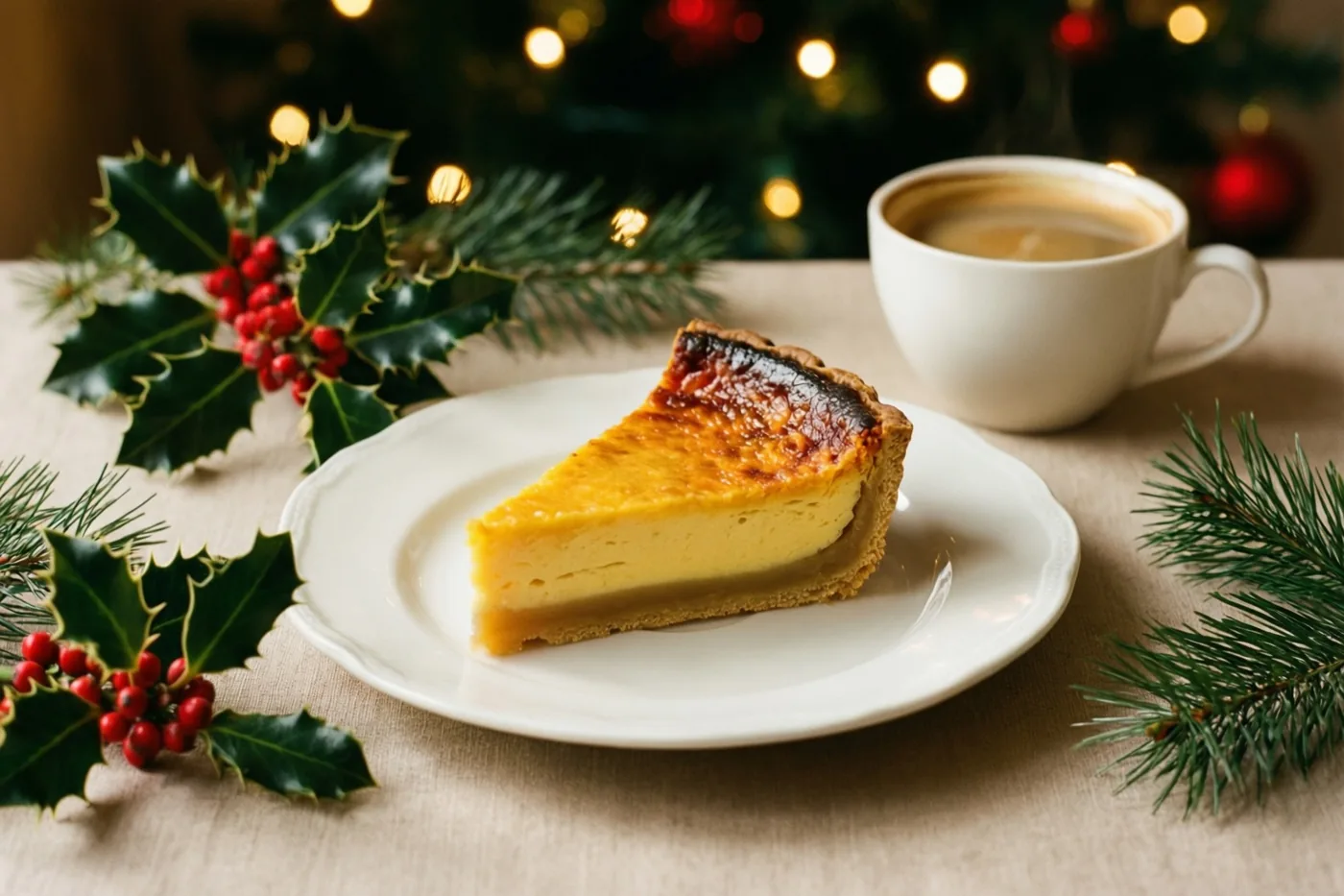 Een stuk puddingtaart en een kop koffie staan op een tafel met hulst en dennentakken, met onscherpe kerstlichtjes op de achtergrond.