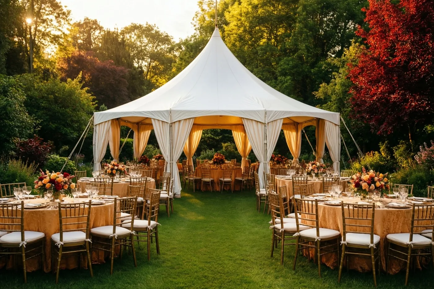 Een witte punttent staat in een groene tuin tussen bomen met herfstkleuren, omringd door ronde tafels met gouden kleden, bloemstukken en stoelen met witte kussens.