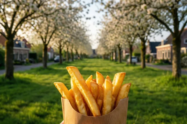 Op de voorgrond wordt een puntzak goudgele frieten vastgehouden, met een wazig dorpsgrasveld, bloeiende bomen en huizen in warm zonlicht op de achtergrond.