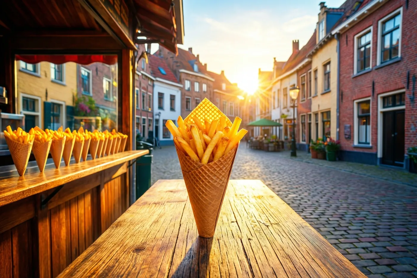 Een papieren puntzak met goudgele frieten staat op een houten tafel voor een frituur aan een kasseistraat, met oude gebouwen in het licht van de ondergaande zon.