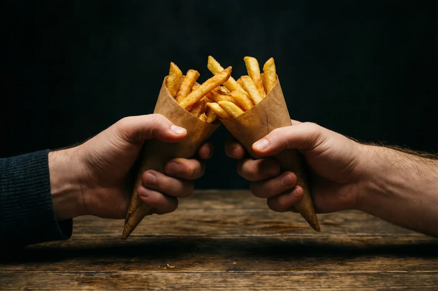 Twee handen klinken met papieren puntzakken friet boven een donkere houten tafel tegen een zwarte achtergrond.