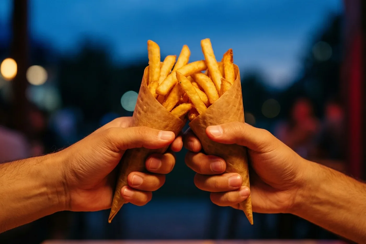 Twee handen stoten papieren puntzakken met goudgele frieten tegen elkaar, tegen een onscherpe blauwe avondachtergrond met warme lichtvlekken.
