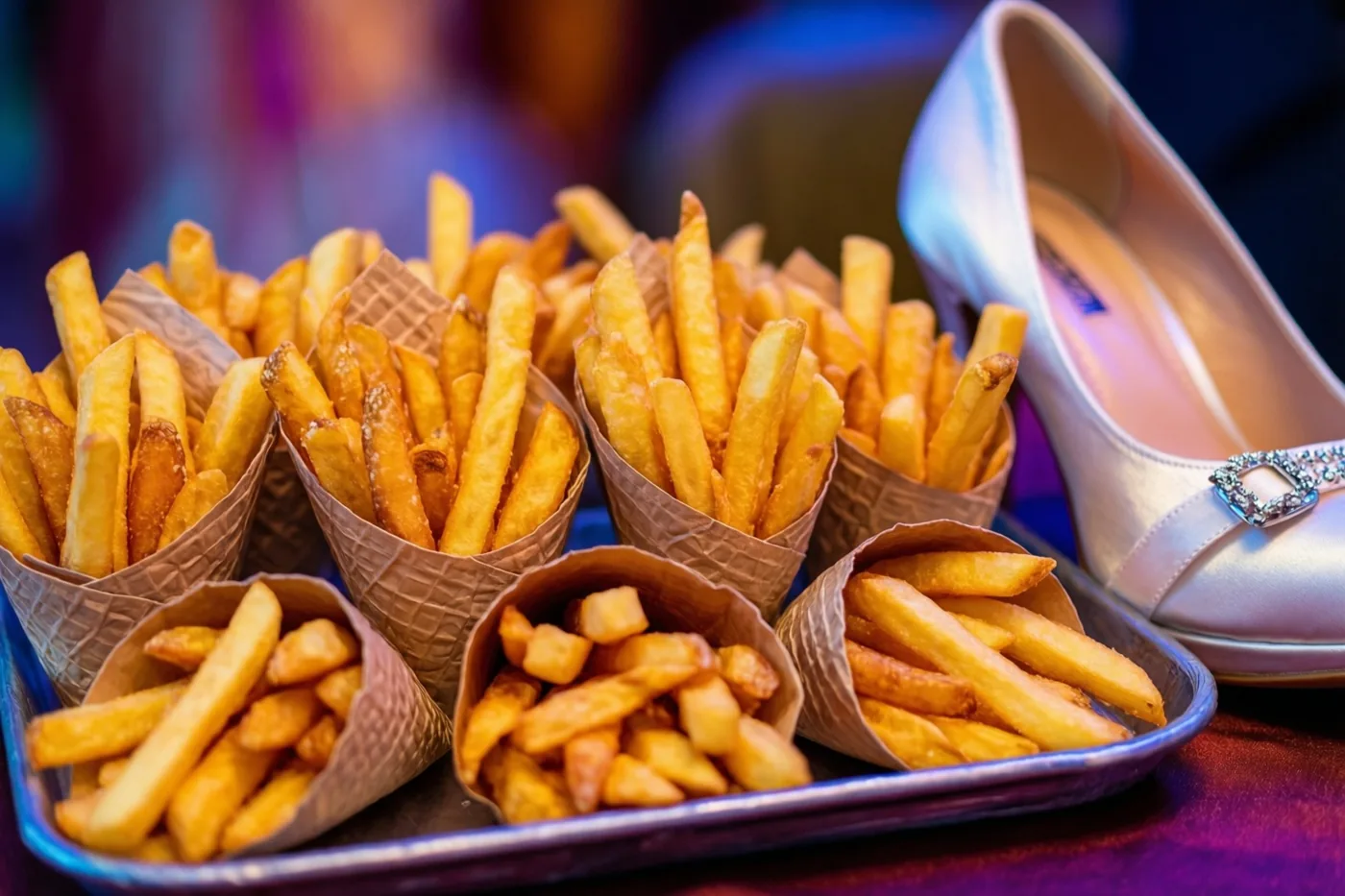 Een dienblad met meerdere papieren puntzakken goudgele frieten staat naast een satijnen bruidsschoen tegen een zacht onscherpe achtergrond met warm en koel licht.