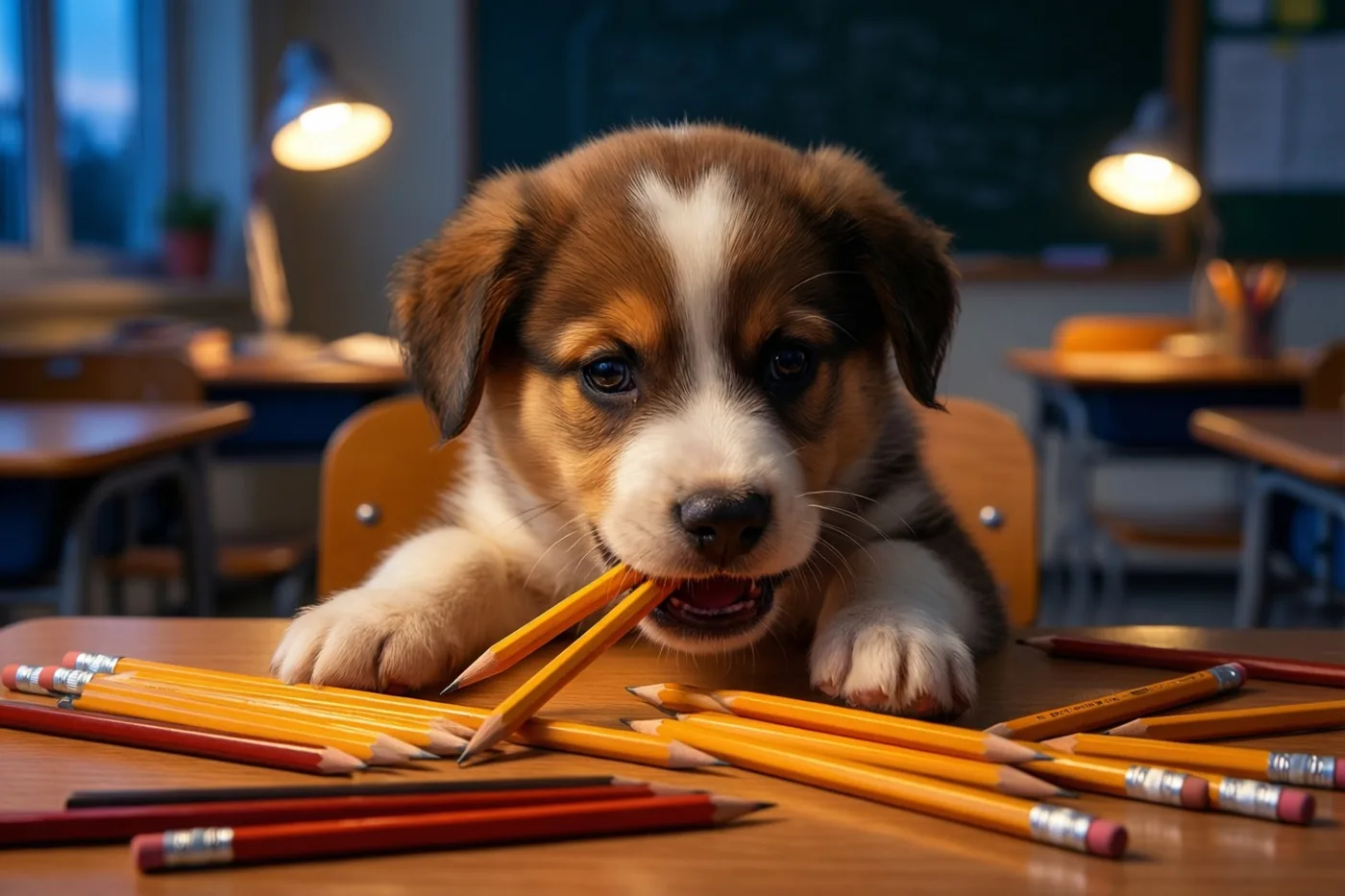 Een bruin-witte pup kauwt op een geel potlood aan een houten schoolbank tussen veel geslepen potloden in een warm verlicht klaslokaal.