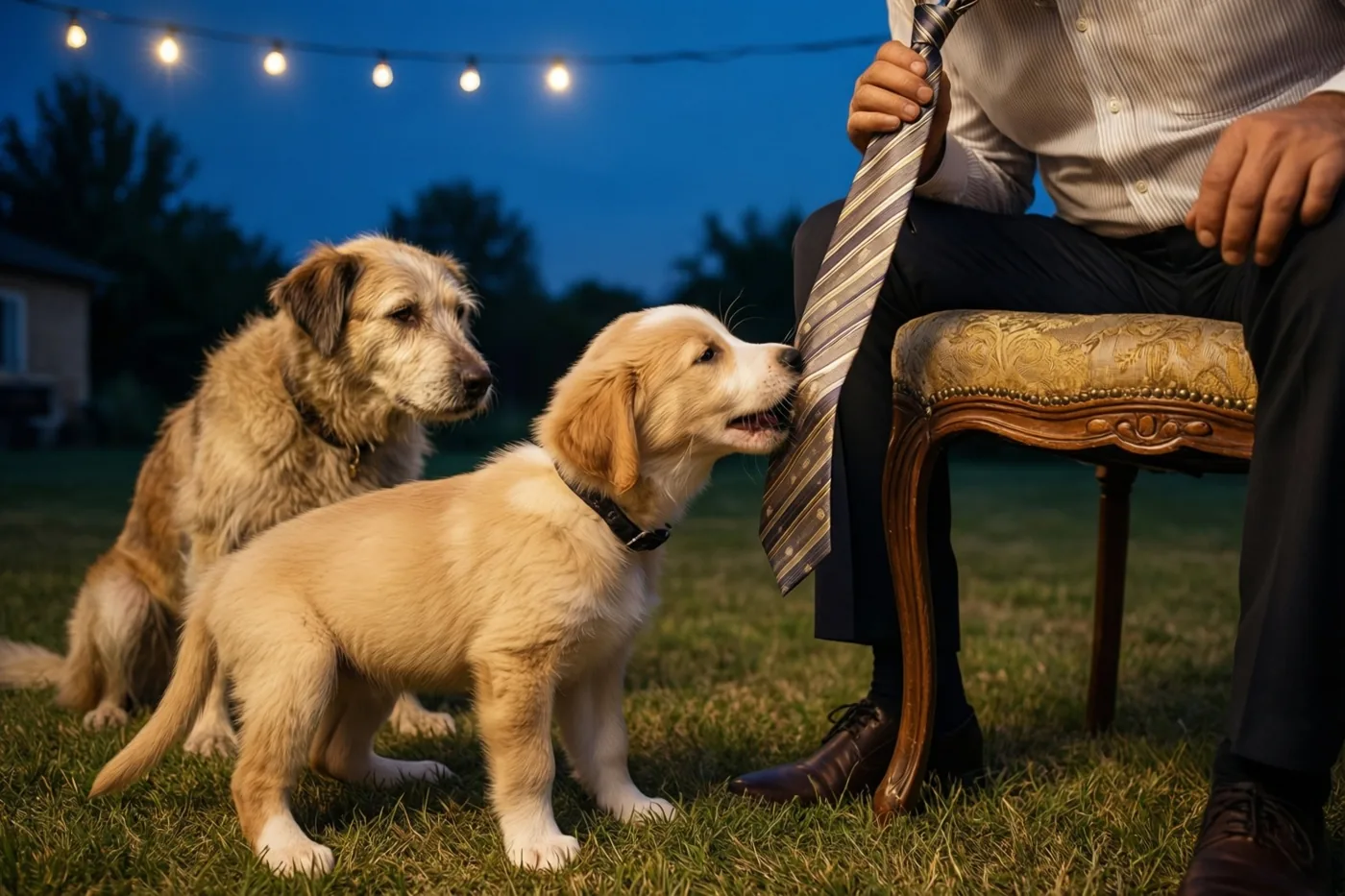 Een goldenretrieverpup trekt aan een gestreepte das aan een sierlijke stoel op een gazon, terwijl een oudere ruige hond toekijkt bij lichtslingers onder een donkerblauwe avondlucht.