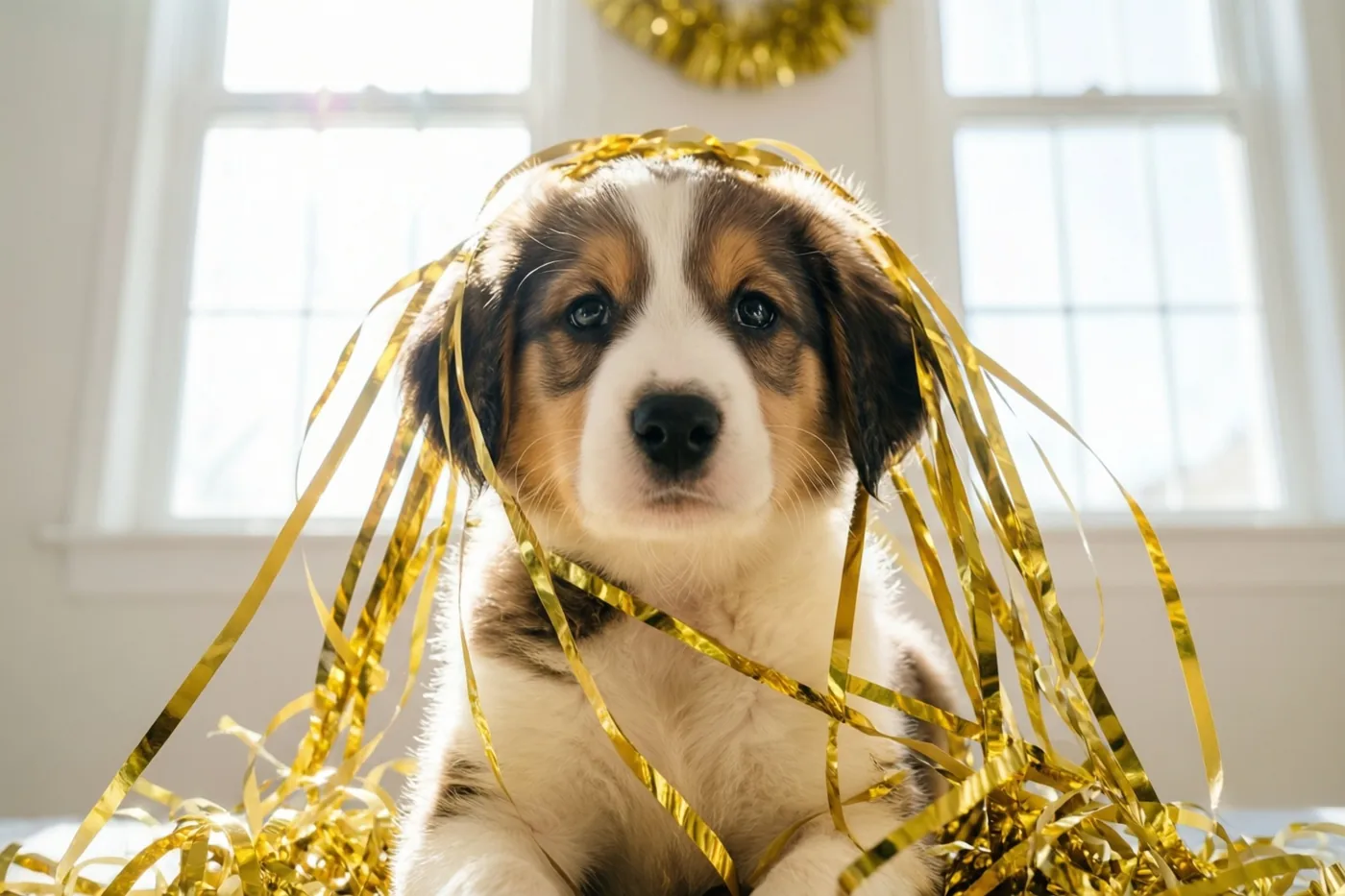 Een kleine bruin-witte pup zit binnen tussen verwarde gouden serpentines, met lichte ramen en een gouden krans op de achtergrond.