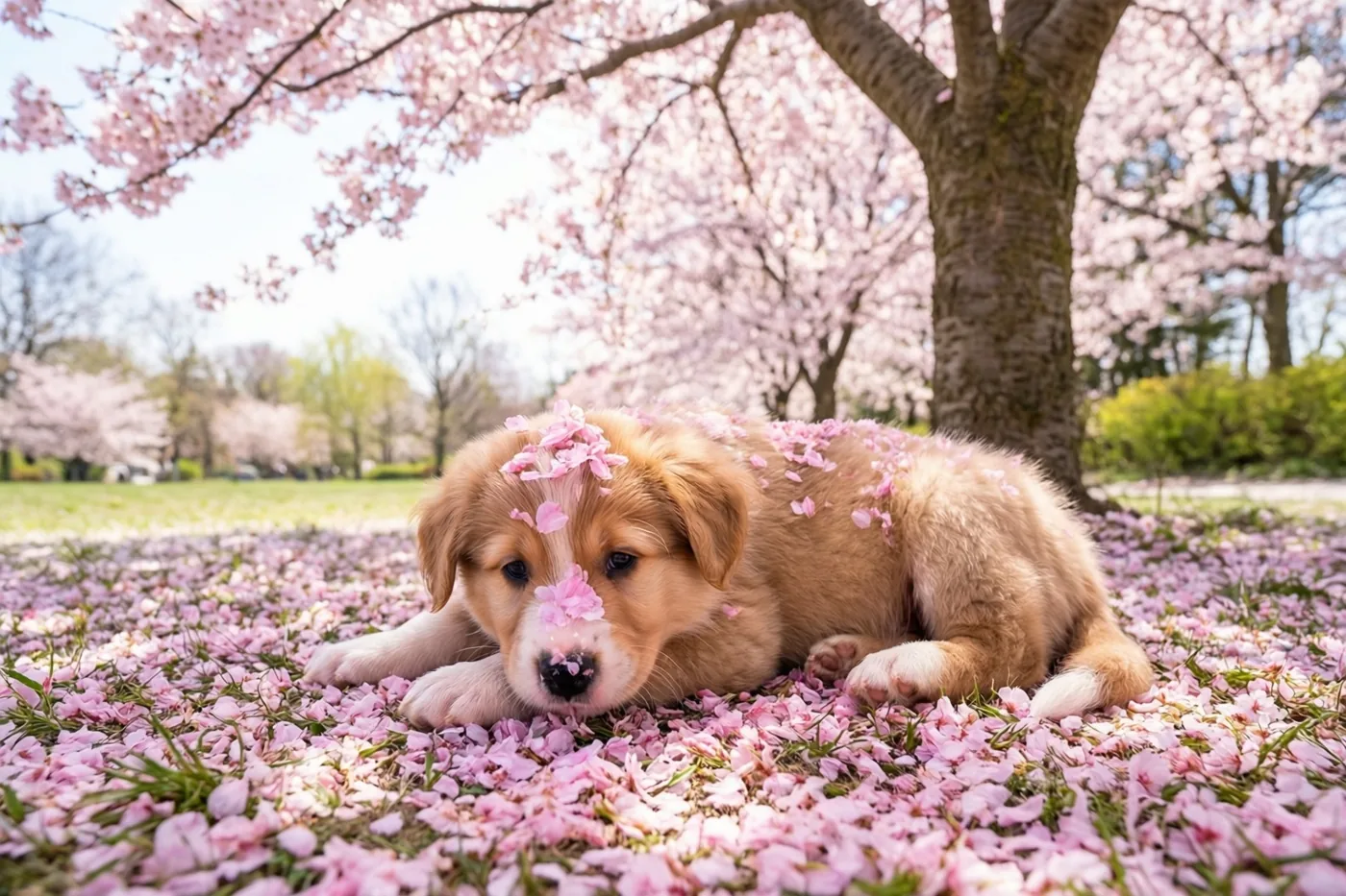 Een goudkleurige pup ligt op een grasveld vol roze kersenbloemblaadjes onder een bloeiende kersenboom.