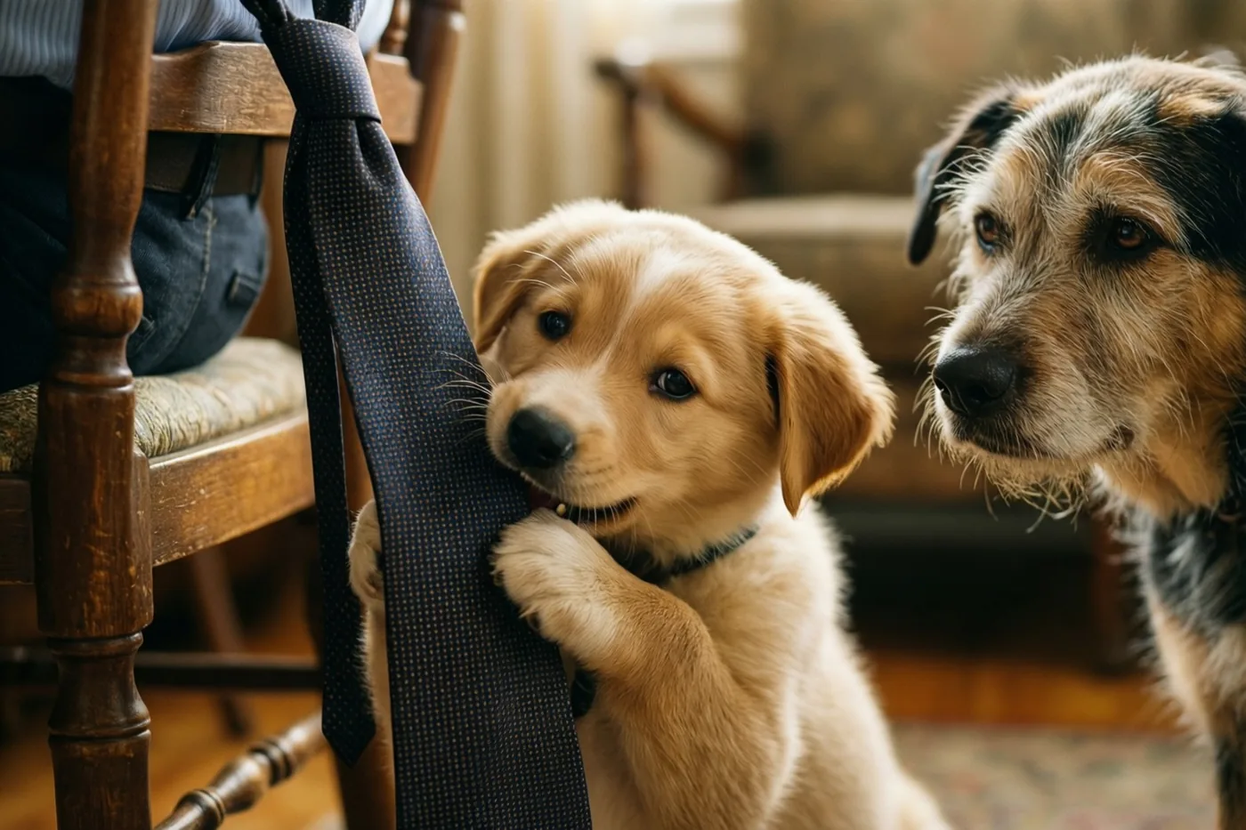 Een goldenretrieverpup trekt aan een donkere das met een patroon die aan een houten stoel hangt, terwijl een oudere, ruwharige hond toekijkt in een warm verlicht interieur met aardetinten.