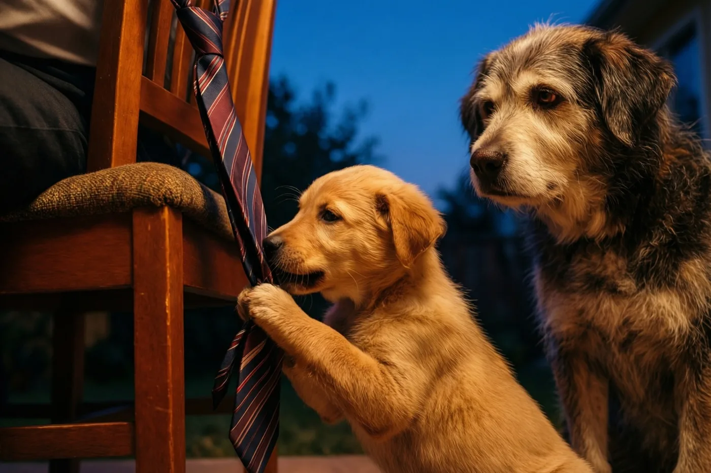 Een goudkleurige pup trekt aan een gestreepte das die aan een houten stoel hangt, terwijl een oudere ruige hond toekijkt onder een donkerblauwe avondlucht.